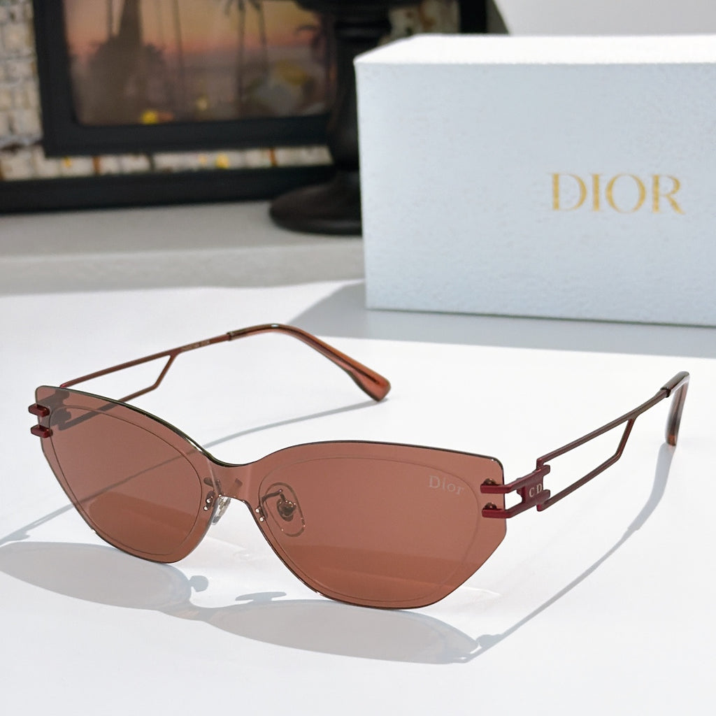 Dior cat-eye sunglasses with brown lenses and rose-gold tone frame, brown arms