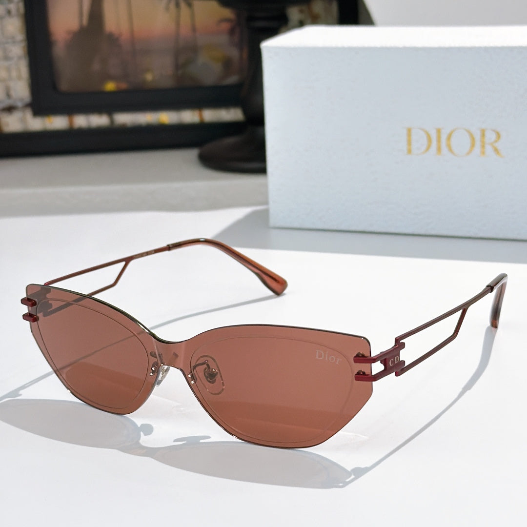 Dior cat-eye sunglasses with brown lenses and rose-gold tone frame, brown arms