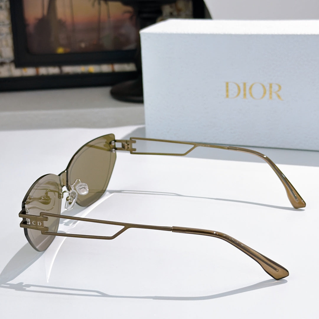 Dior cat-eye sunglasses side view with olive lenses and gold-tone thin frame