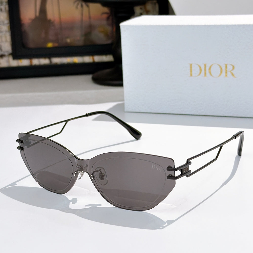 Dior cat-eye sunglasses with dark gray lenses and dark frame, silver-tone details