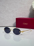 Round dark-tinted sunglasses with gold-tone metal frames and thin gold temples