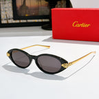 Black oval sunglasses with dark lenses and gold-tone leopard temple detail