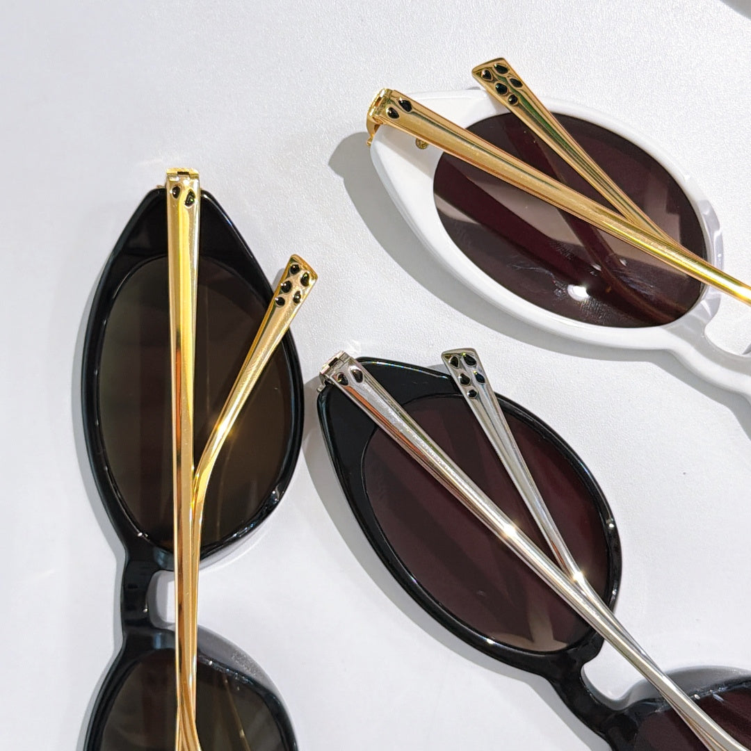 Oval sunglasses close-up with gold-tone hinges and tinted lenses