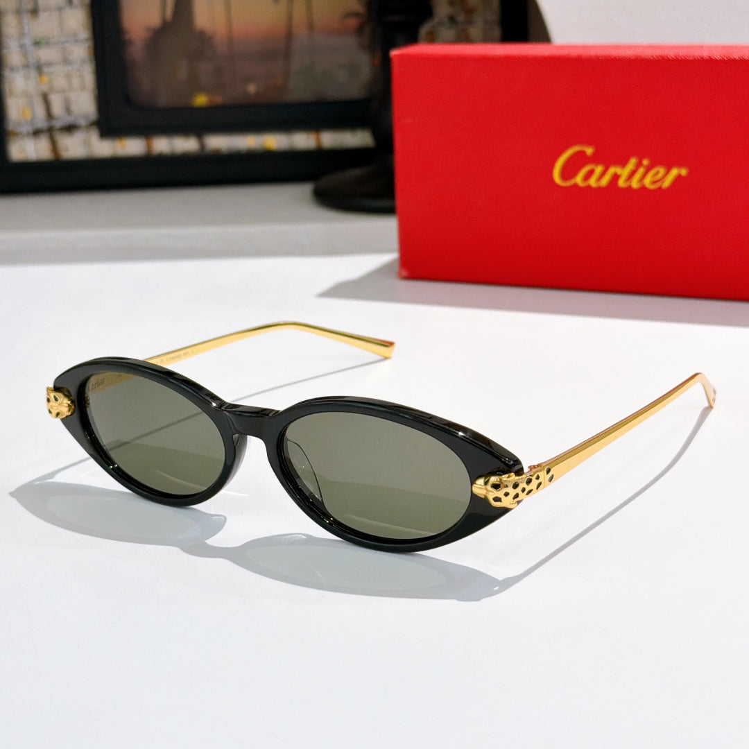 Black oval sunglasses with dark lenses, gold-tone stud detail, tortoiseshell temple accents