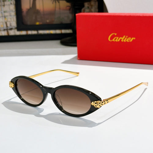 Black oval sunglasses with tinted lenses and gold-tone leopard-pattern temple tips