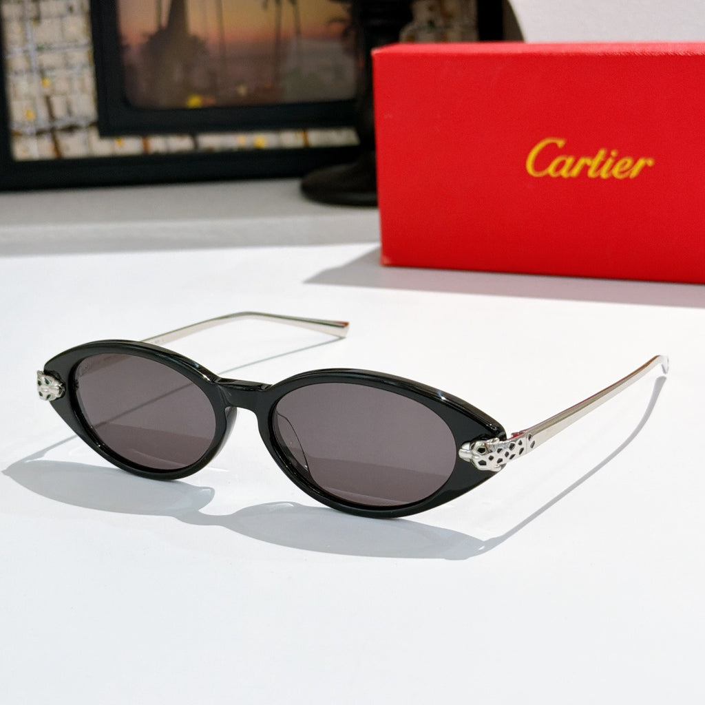 Black oval sunglasses with dark lenses and silver-tone temple bars