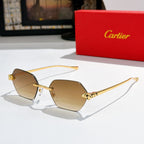 Sunglasses with amber-tinted hexagonal lenses and gold-tone metal frame