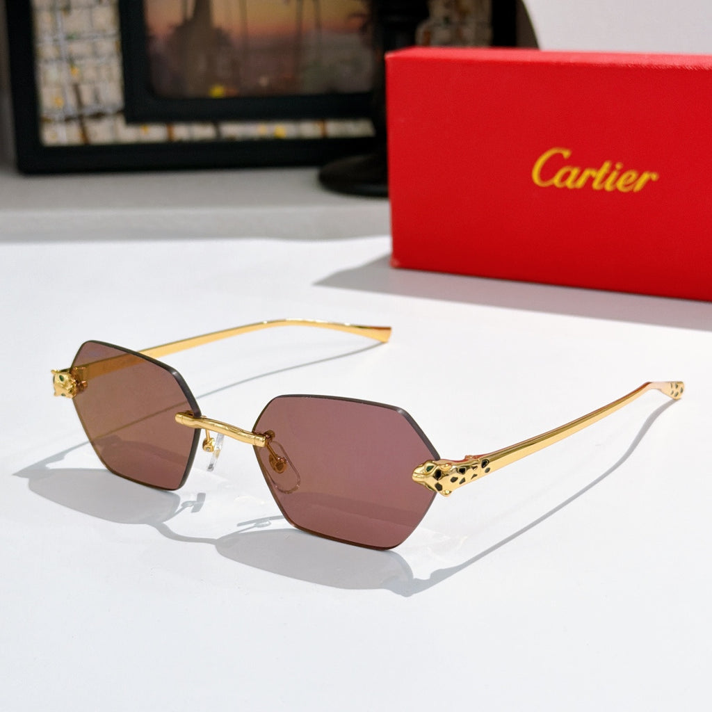 Sunglasses with brown hexagonal lenses and gold-tone metal frame