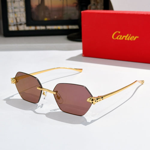 Sunglasses with brown hexagonal lenses and gold-tone metal frame