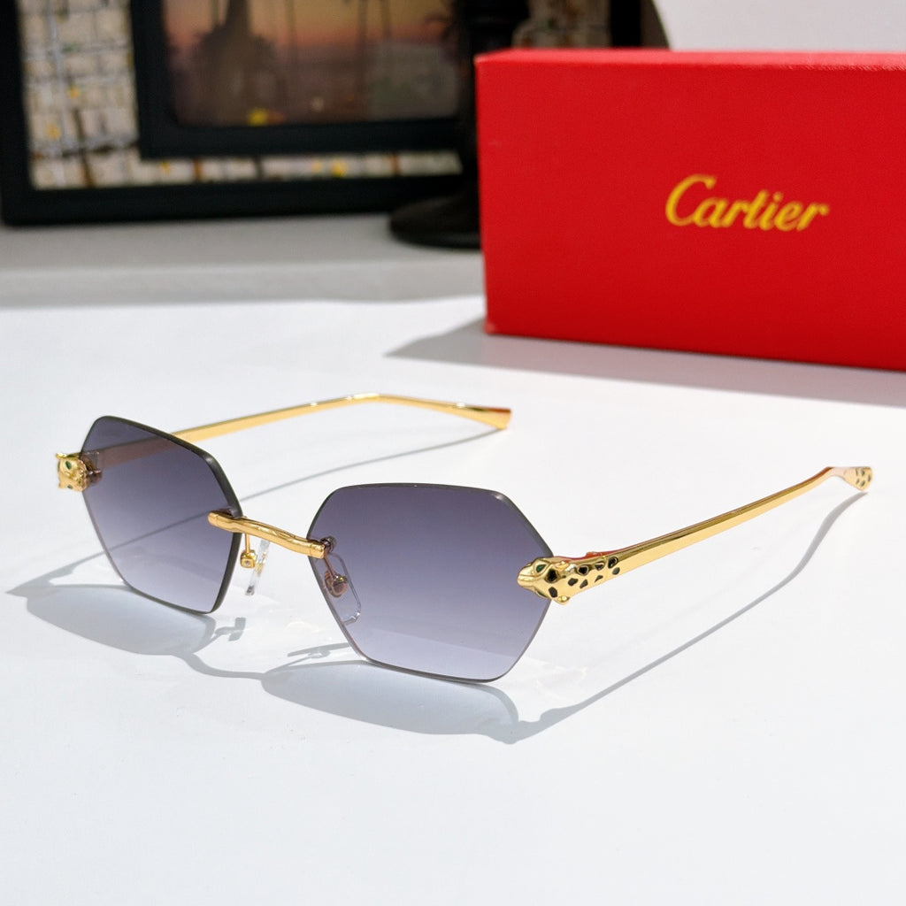 Sunglasses with dark purple hexagonal lenses and gold-tone metal frame