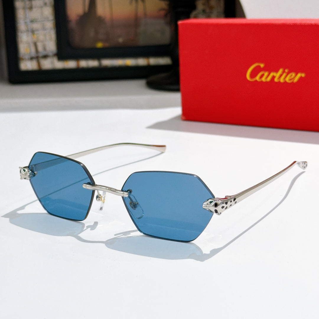 Sunglasses with blue hexagonal lenses and silver-tone metal frame