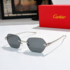 Sunglasses with dark blue hexagonal lenses and silver-tone metal frame