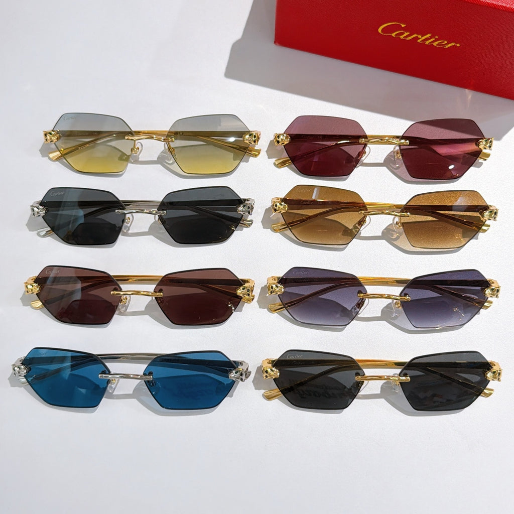 Assorted sunglasses laid out with hexagonal lenses in multiple colors