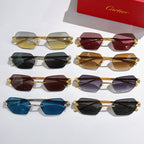 Assorted sunglasses laid out with hexagonal lenses in multiple colors