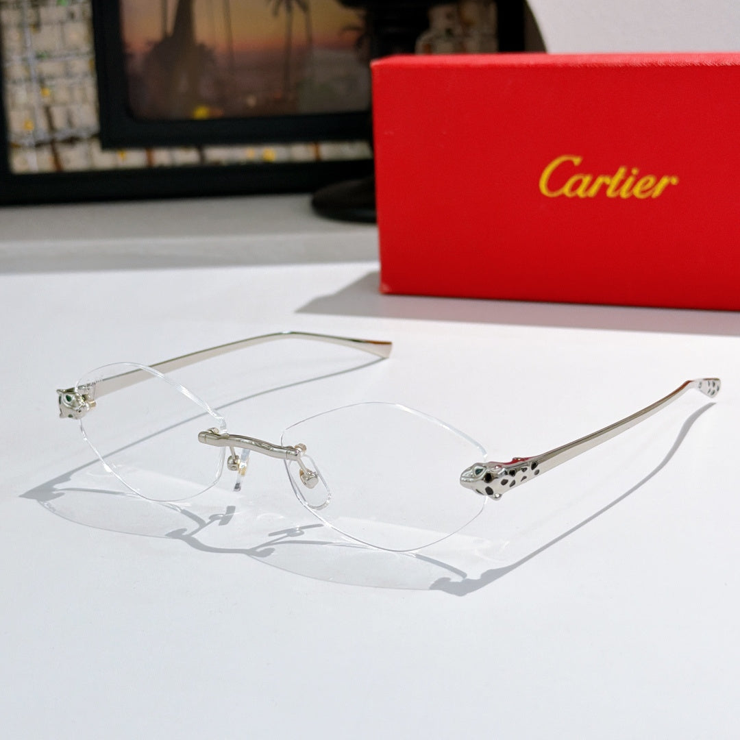 Clear-lens eyeglasses with thin silver-tone frames and patterned temple accents