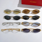 Assorted eyeglass frames: mixed gold-tone and dark-lens styles with patterned temples