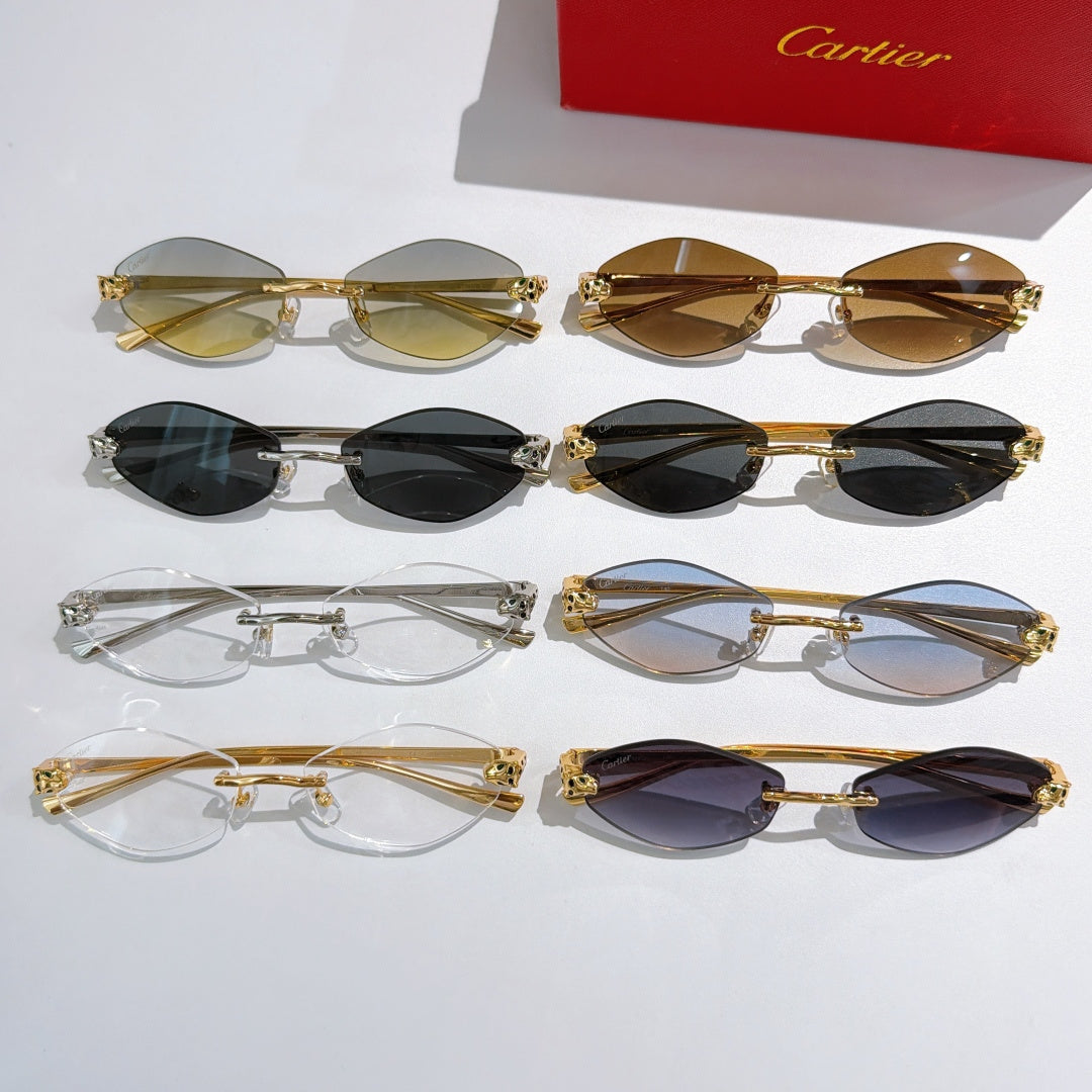 Assorted eyeglass frames: mixed gold-tone and dark-lens styles with patterned temples