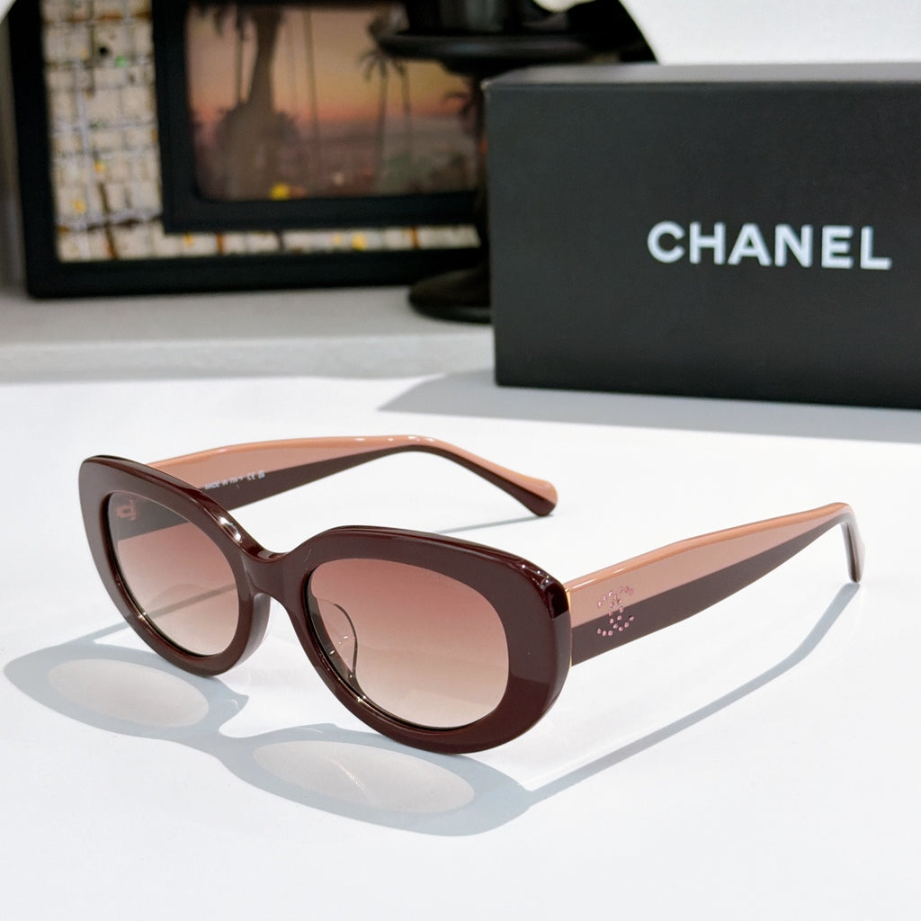 Chanel sunglasses, brown frame with pink tinted lenses and beige temple tips