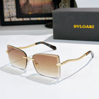 Bvlgari square sunglasses with peach lenses and gold chain temple arms