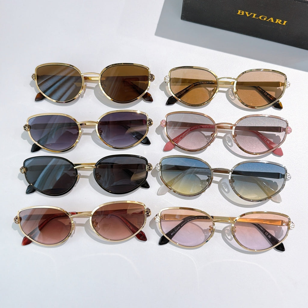 Bvlgari cat-eye glasses set showing nine frames with tinted lenses
