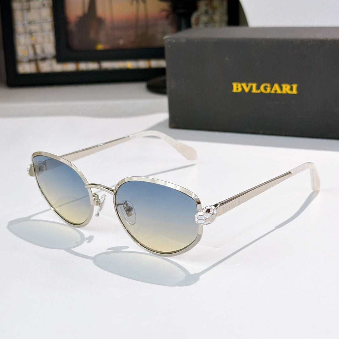 Bvlgari cat-eye glasses with silver frame and light blue tinted lenses