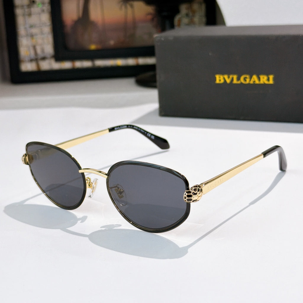 Bvlgari cat-eye glasses with gold frame and dark gray tinted lenses