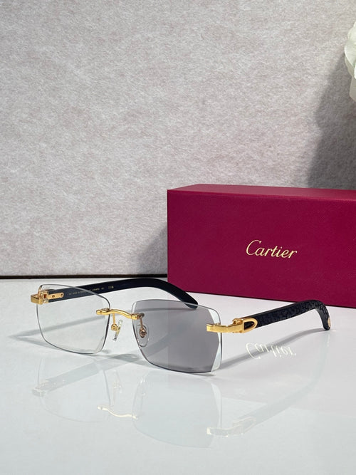 Cartier glasses, dark frame with gray-tinted lenses and gold detailing
