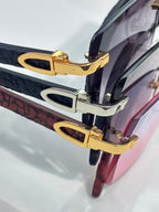 Cartier glasses temple detail with gold hardware on dark frames