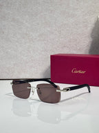 Cartier glasses with rectangular dark frames and gold accents; brown-tinted lenses
