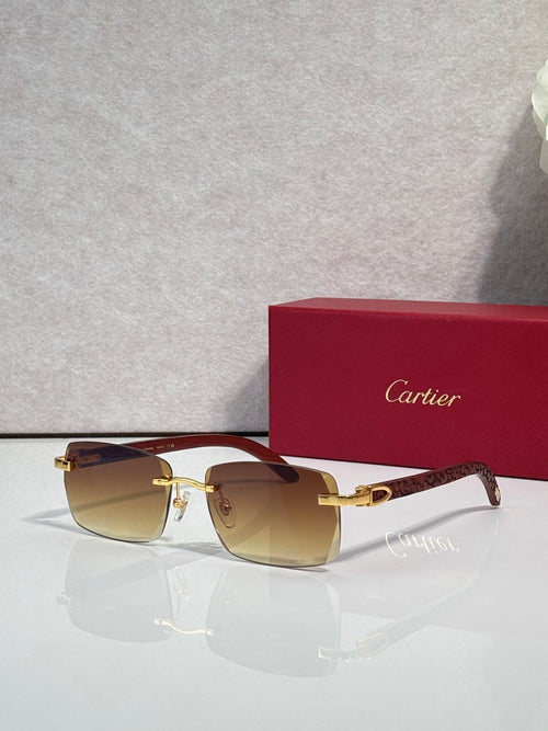 Cartier glasses with rectangular black frames and gold details; brown-tinted lenses