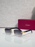 Cartier glasses with rectangular dark frames and gold accents; smoky-tinted lenses