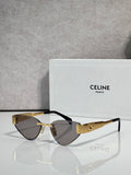Celine glasses with gold frame, dark brown lenses, and black temple arms
