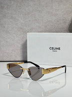 Celine glasses with gold frame, dark brown lenses, and black temple arms