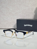 Gold-tone and dark eyeglass frames with square lenses and rhinestone temple details