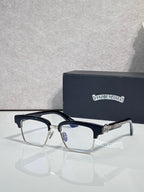 Black-and-silver eyeglass frames with square clear lenses and engraved temple logo