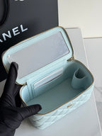 Chanel light blue mini bag interior open with card slots and fabric lining