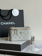Small quilted Chanel handbag with double zip and gold chain strap.