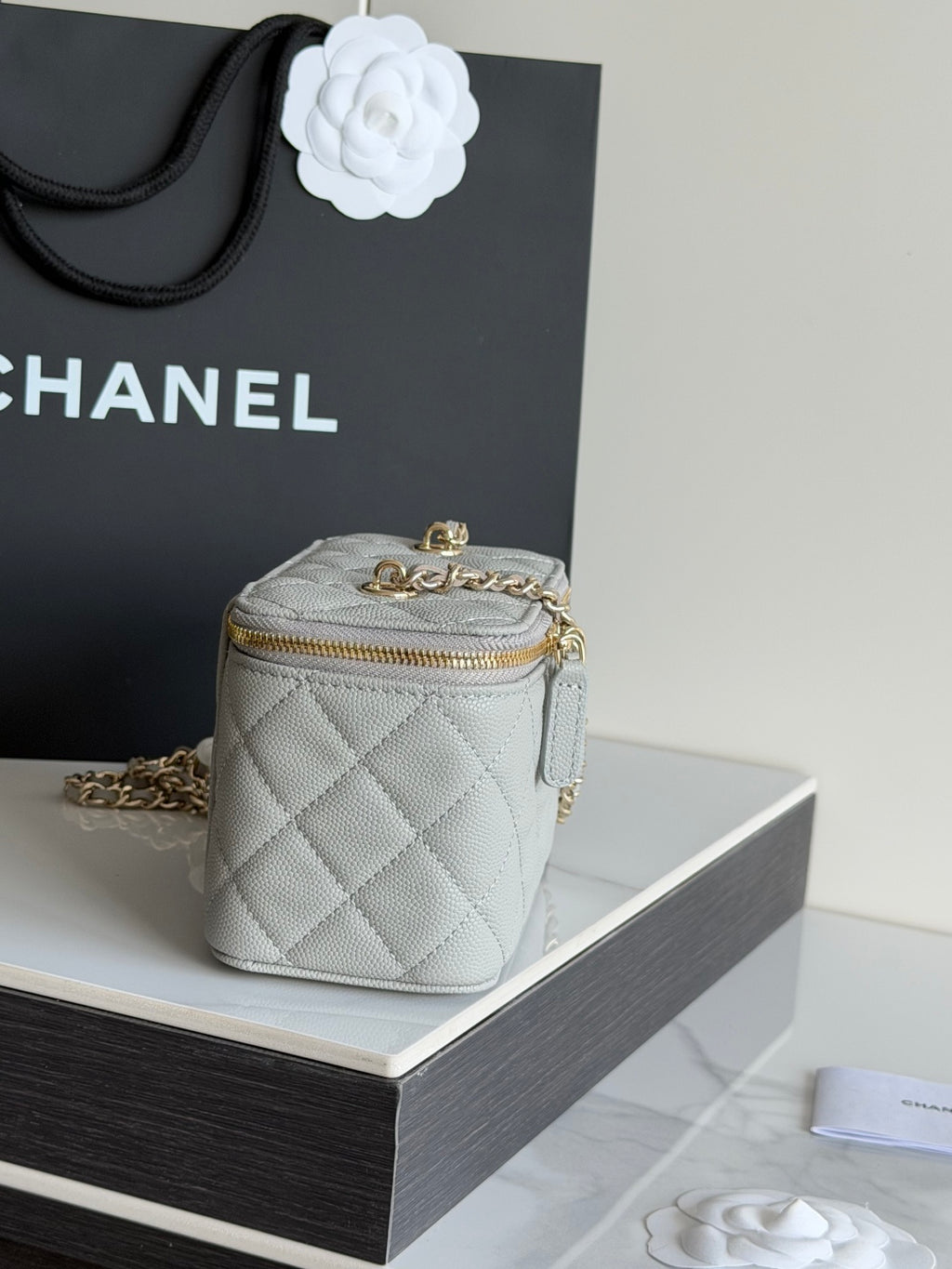Mini quilted Chanel handbag with gold chain shoulder strap and top zip closure.