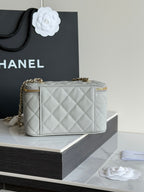 Small quilted Chanel handbag with gold top zipper and short handle detail.