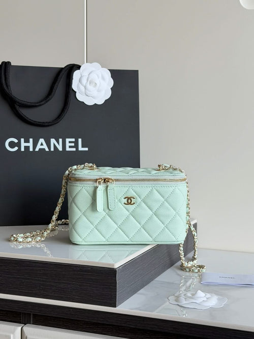 Mint quilted Chanel-style small crossbody bag with top zip and chain strap
