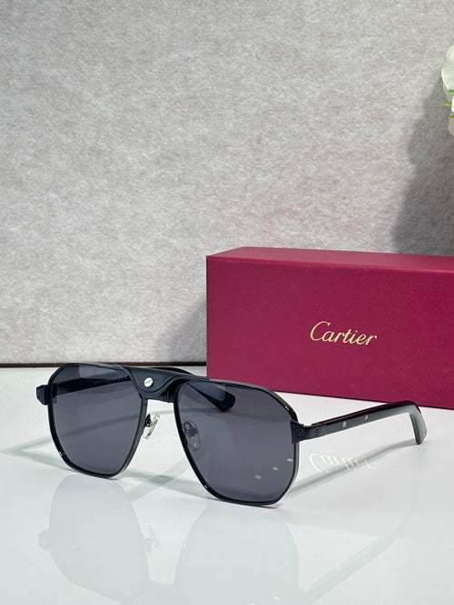Cartier black aviator sunglasses with dark gray lenses and clear temples