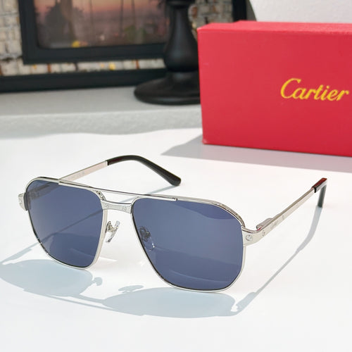 Cartier sunglasses with silver frame and dark blue lenses, rectangular aviator style.