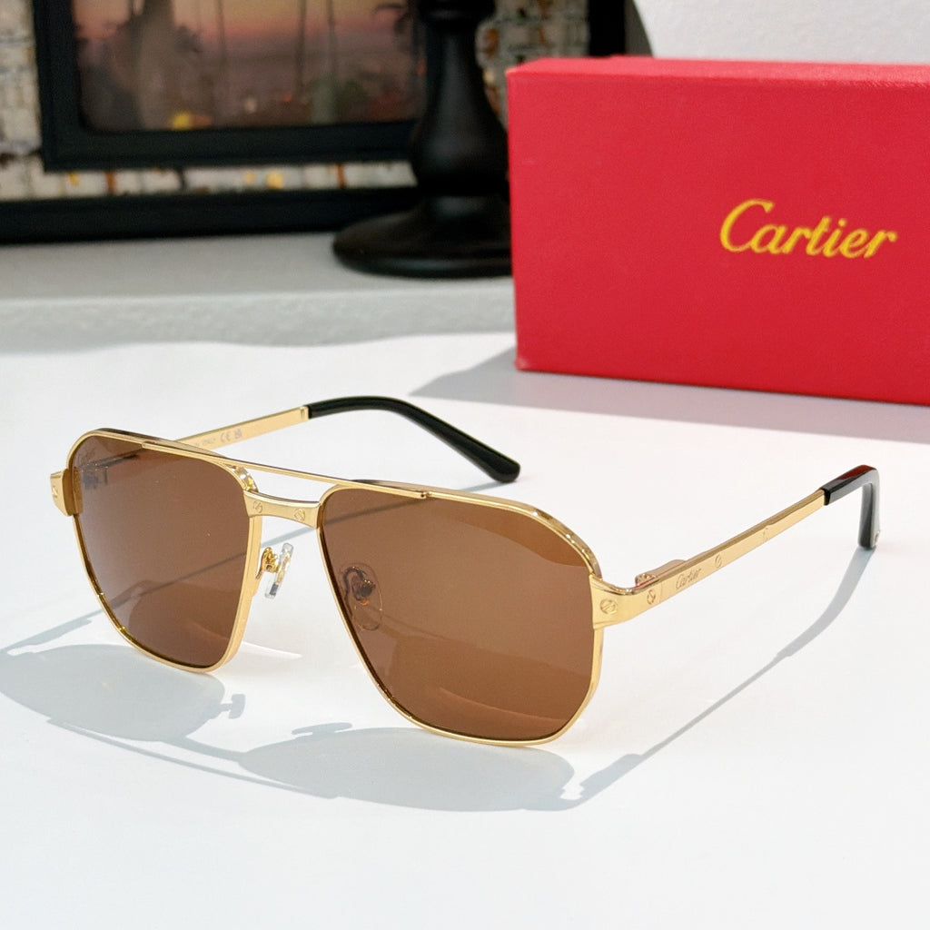 Cartier sunglasses with gold frame and brown lenses, aviator style.
