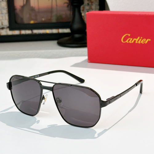 Cartier sunglasses with black frame and dark gray lenses, rectangular aviator style.