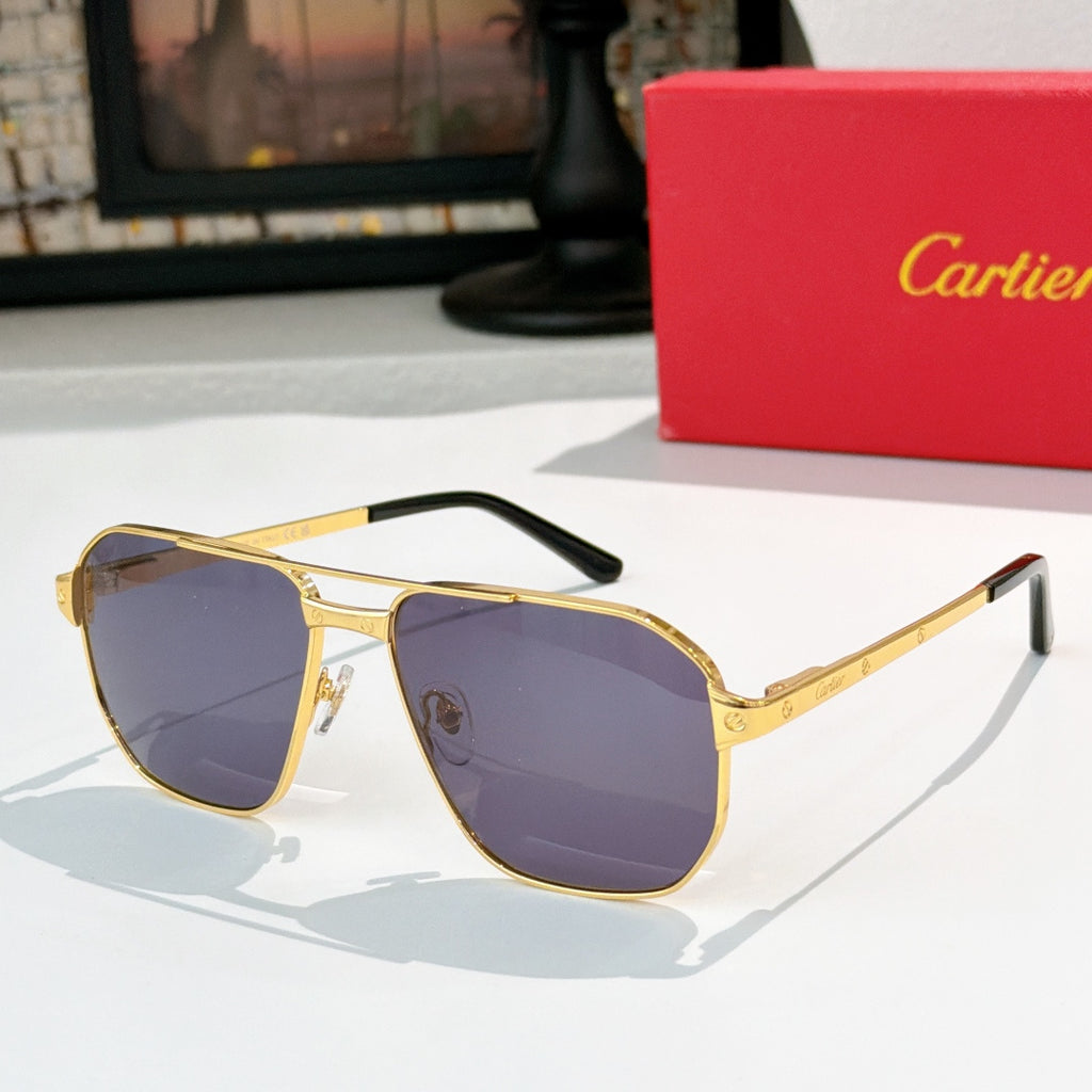 Cartier sunglasses with gold frame and purple-tinted lenses, aviator style.