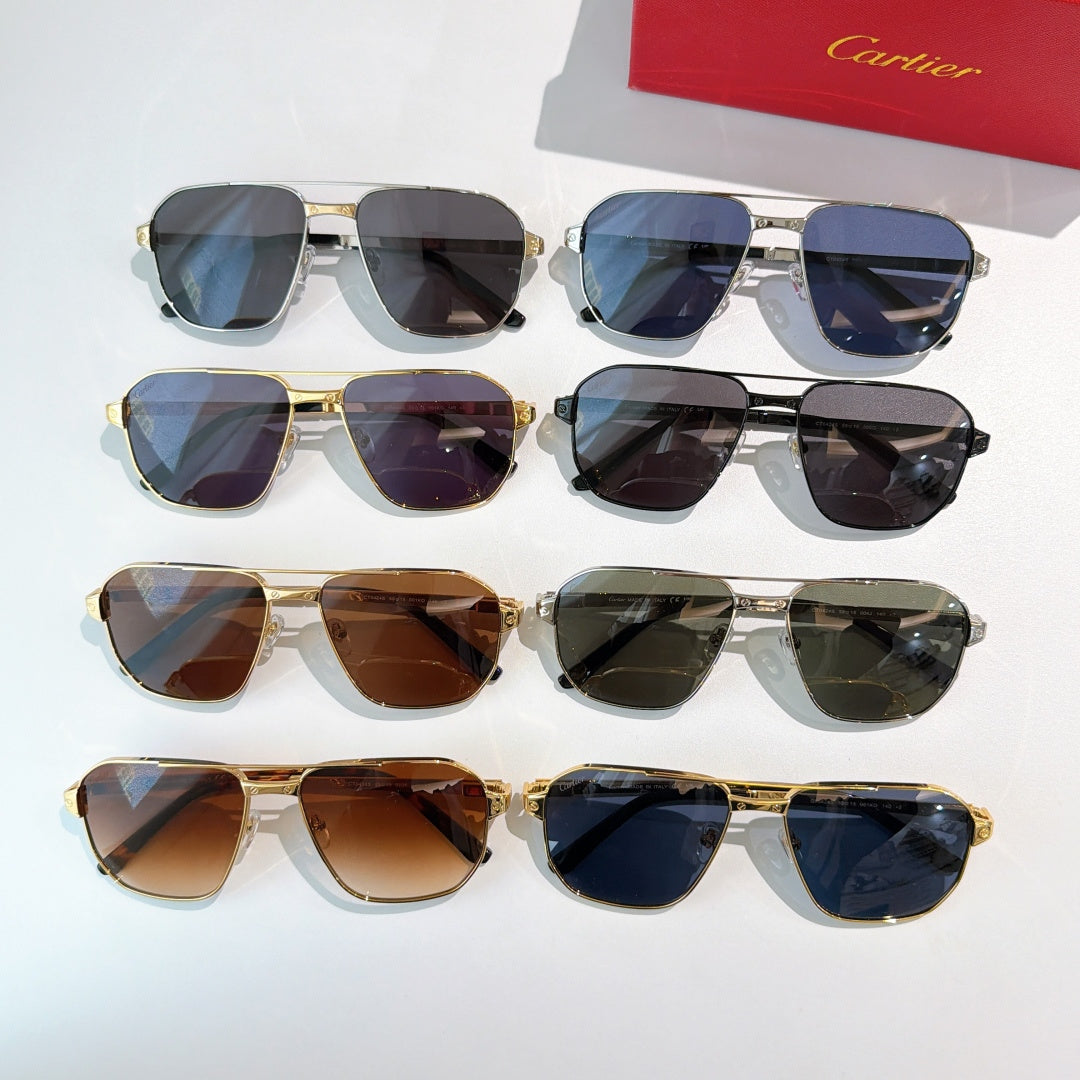 Cartier sunglasses assortment with mixed gold and dark frames and tinted lenses.