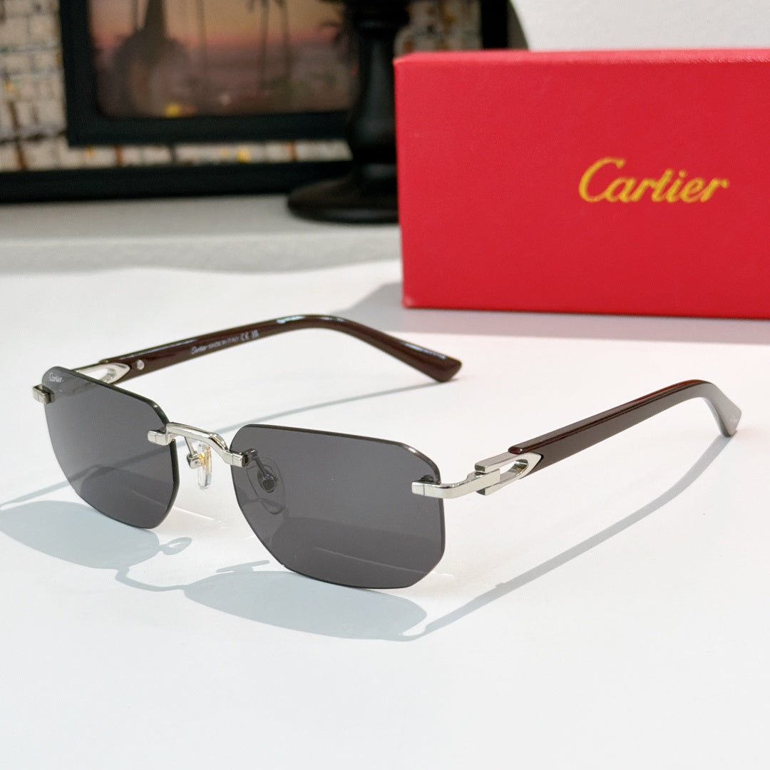 Cartier sunglasses with dark frame and silver temples, dark gray lenses