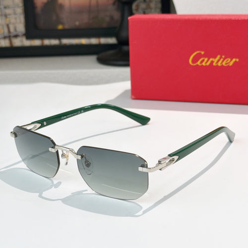 Cartier sunglasses with green frame and silver temples, dark gray lenses