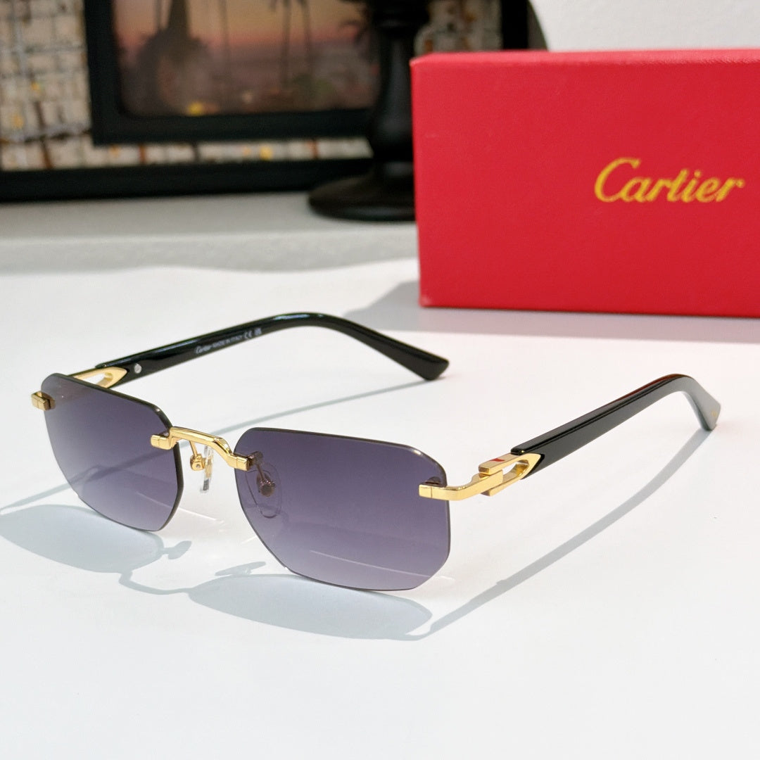 Cartier sunglasses with dark green frame and gold temples, purple lenses