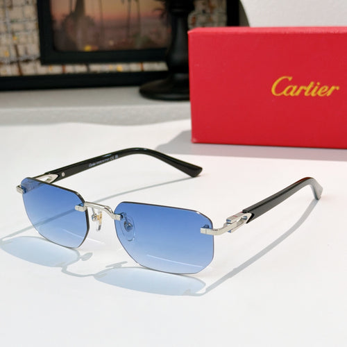 Cartier sunglasses with green frame and silver temples, blue lenses